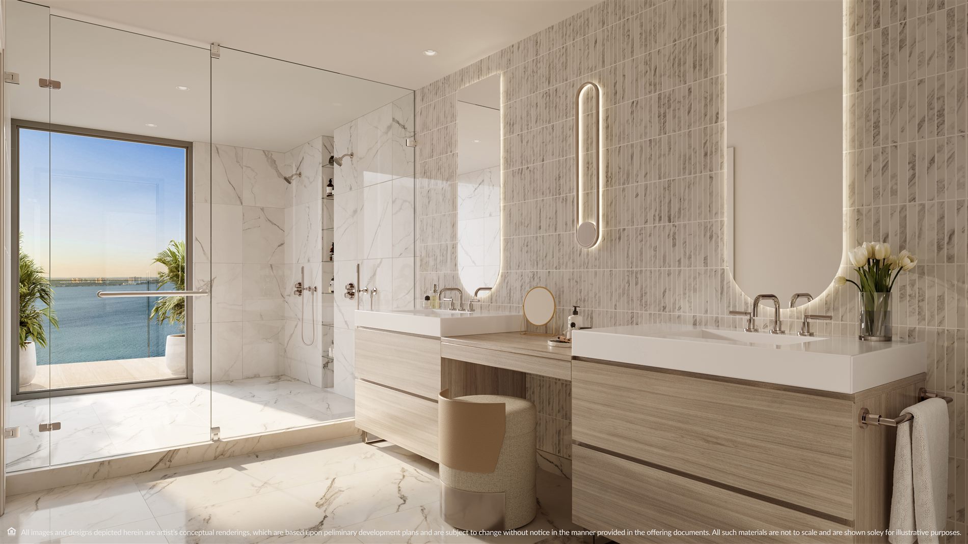 Marble-clad primary bathroom